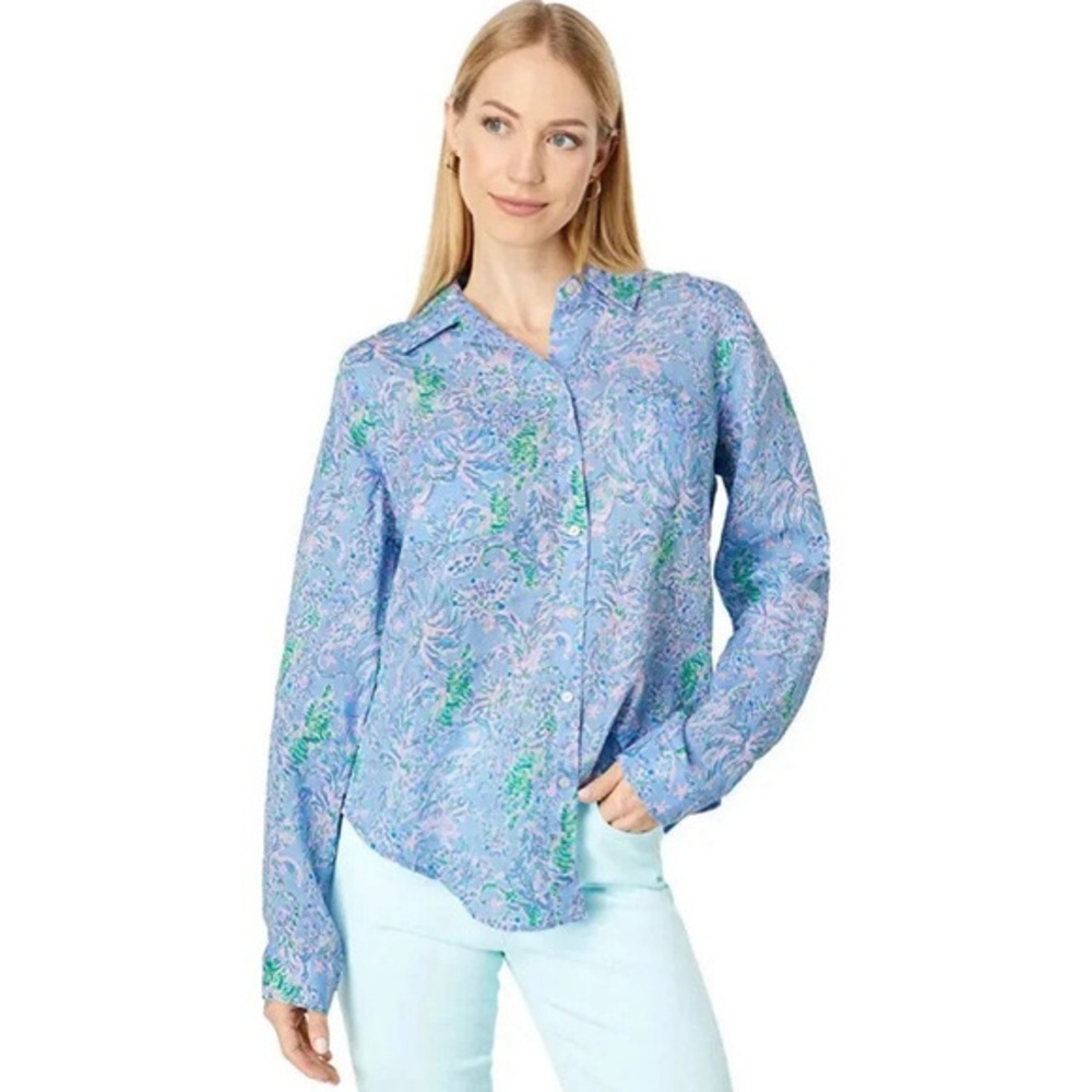 Lilly Pulitzer Blue Peri The Turtle Green Sea View Button Down Shirt XL Coastal